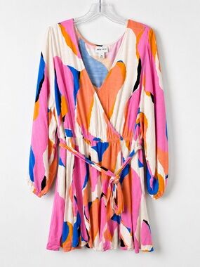 AVA & VIV Colorful Abstract Print Faux Wrap Dress Size 2X Long Sleeve